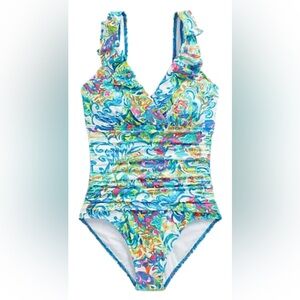 Ruffle Trim Surplice One Piece 
‘Paisley' collection by Ralph Lauren